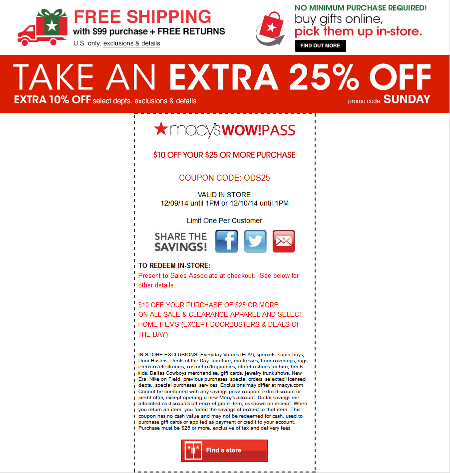 Macys coupons - 10 off 25 Tues  Weds at Macys, or 25%