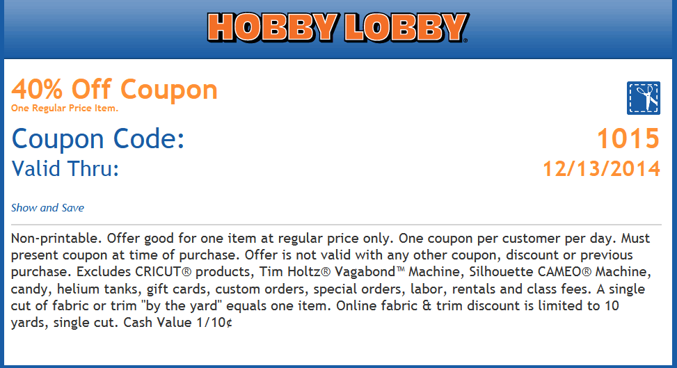 Hobby Lobby Coupons 40 off a single item at Hobby Lobby, or online
