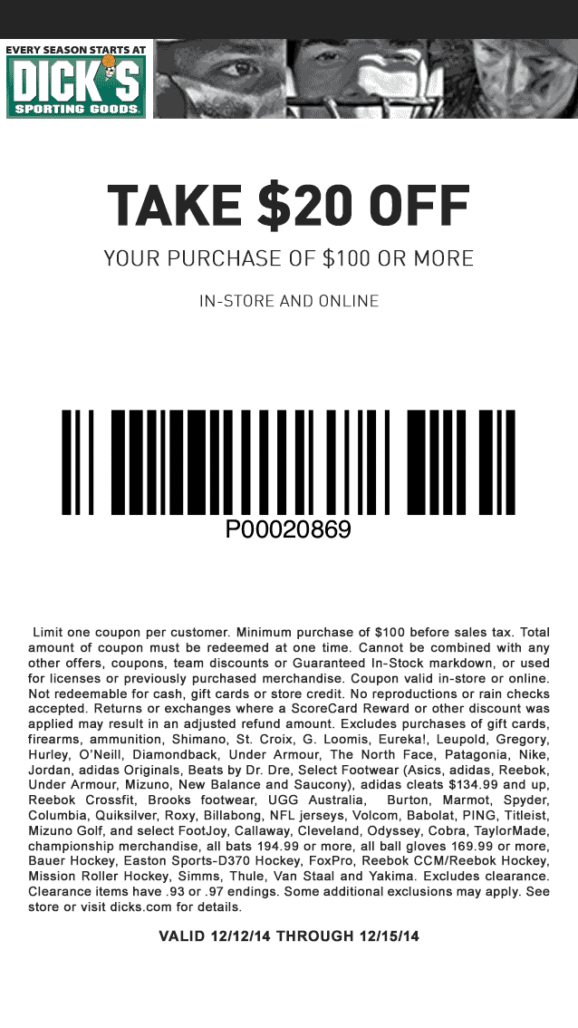 Dicks Coupons 20 Off 100 At Dicks Sporting Goods Ditto Online 5940