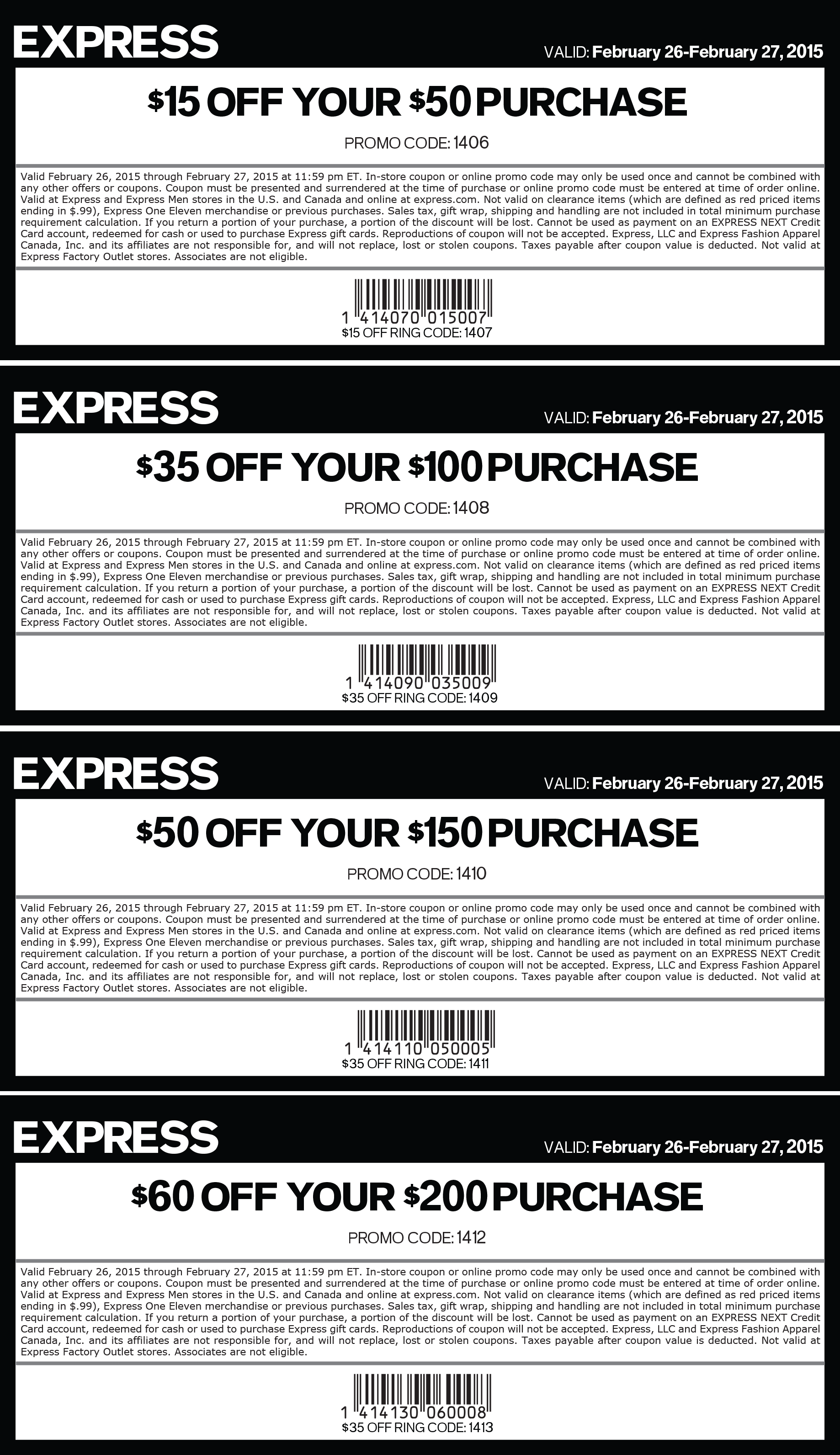 Express Coupons 15 off 50 & more at Express, or online via promo code 1406