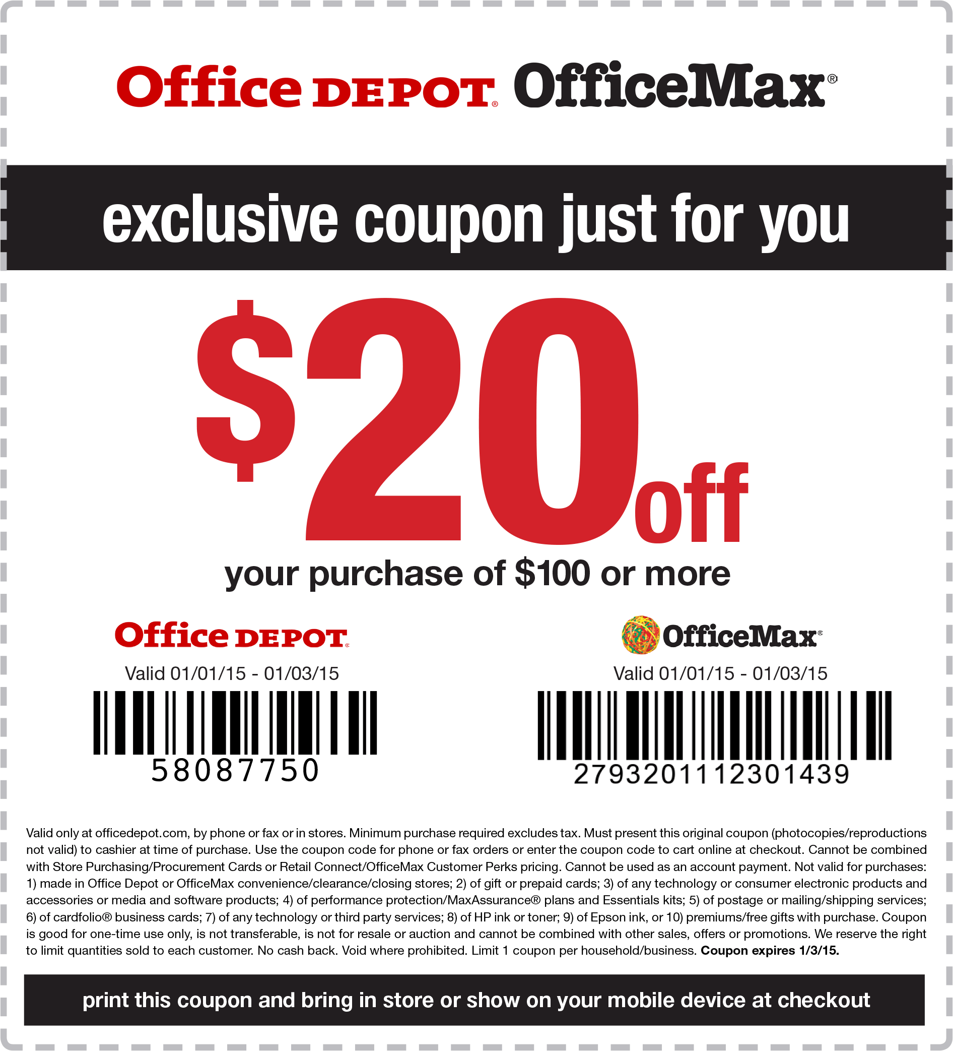 OfficeMax & Office Depot coupons 20 off 100 at