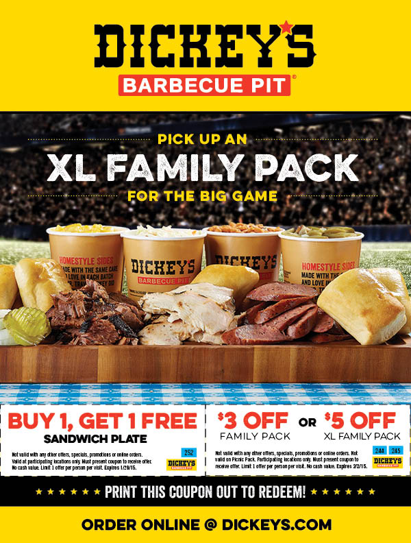 Dickeys Barbeque Pit Coupons - Second sandwich plate free &amp; more at ...