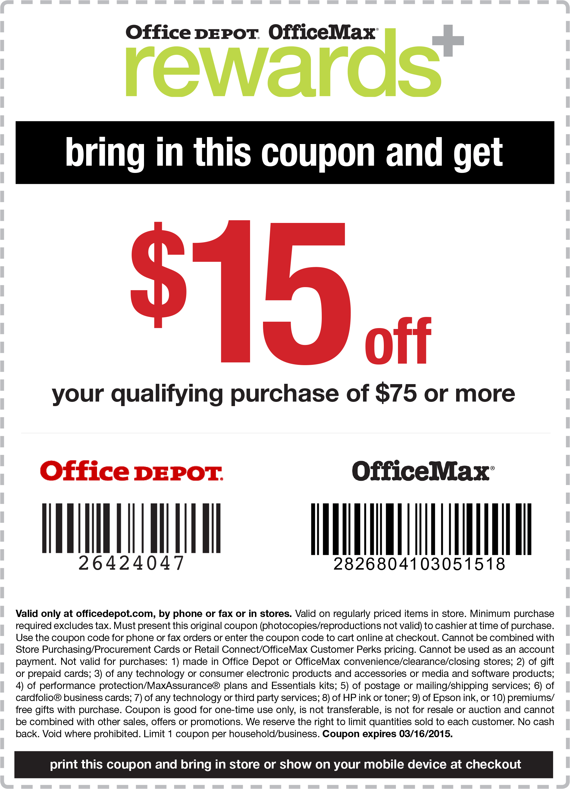 Promo Coupon 15 off 75 at Office Depot & OfficeMax, or