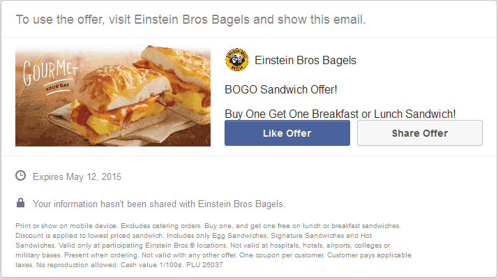 Einstein Bros Bagels Coupons Second lunch sandwich free at Einstein