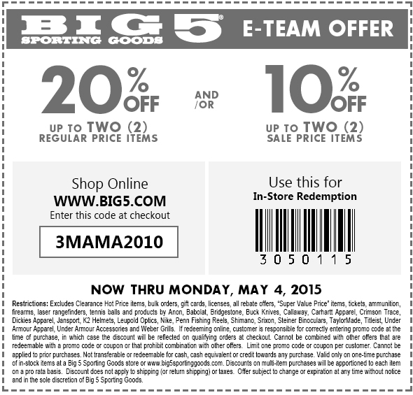 Big 5 Coupons 10 off 50 today at Big 5 sporting goods