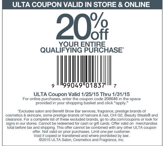 Ulta Coupons - 20% off at Ulta, or online via promo code 208646